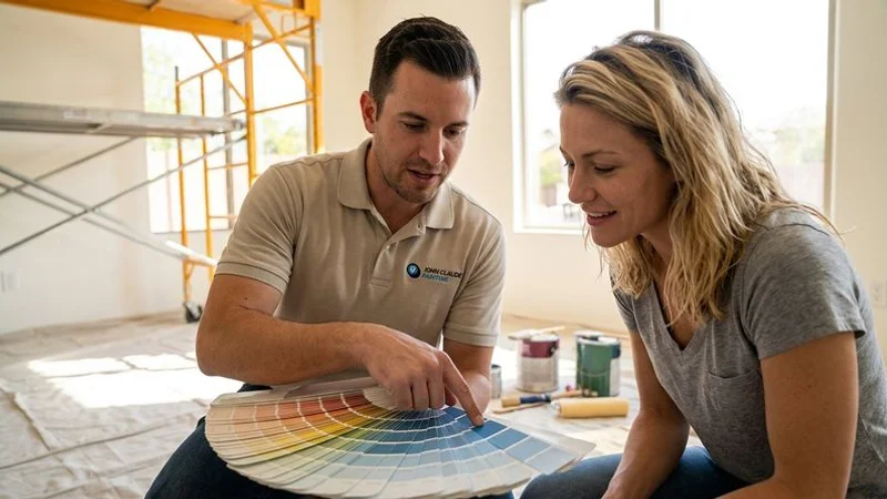 Color consultant showing paint samples to homeowner in bright Phoenix living room