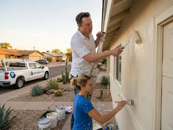 Freshly painted cream colored stucco exterior of a modern Phoenix ranch home with desert landscaping and clear blue sky